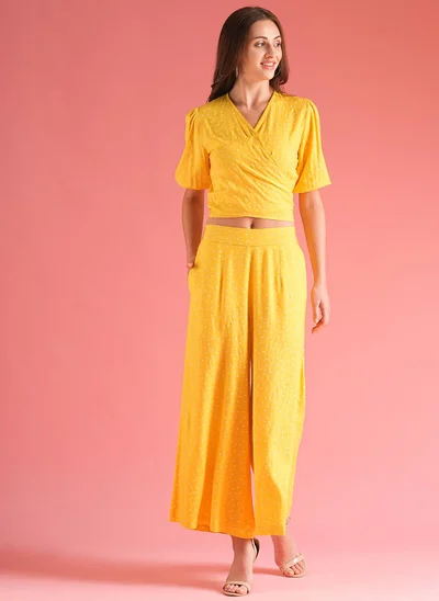 globus Globus Women Yellow Wrap Tie Back Top With Palazzos Co-Ord Set